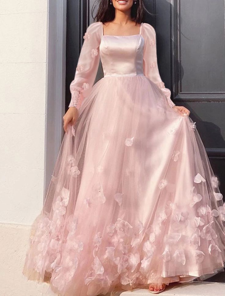 A-Line Prom Dresses Maxi Dress Floor Length Long Sleeves Tulle with Appliques 22th Birthday Outfits P649
