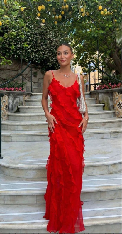 Elegant Mermaid Spaghetti Straps Red Prom Dress 21th Birthday Outfits P662