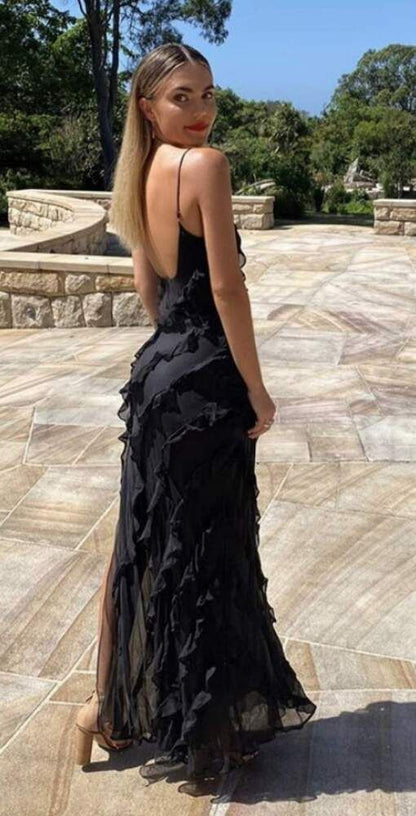 Sexy Mermaid Straps Chiffon Black Backless Prom Dress 21th Birthday Outfit P669