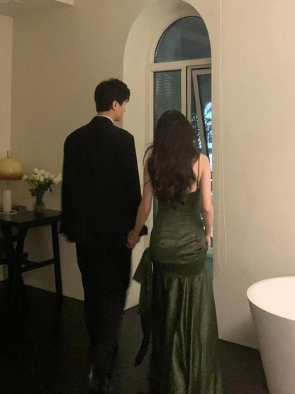 Sexy Mermaid Green Party Dresses Satin Long Prom Dresses P703