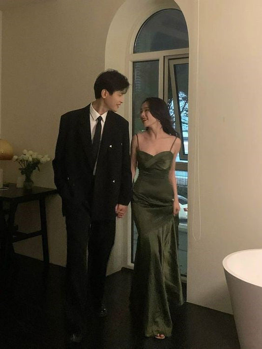 Sexy Mermaid Green Party Dresses Satin Long Prom Dresses P703