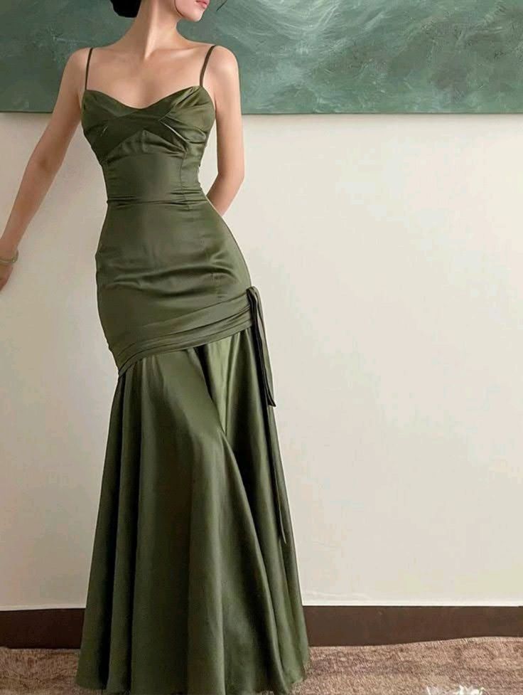 Sexy Mermaid Straps Green Party Dresses Satin Long Prom Dresses P708