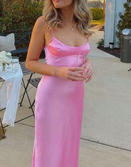 Simple A line Straps Sleeveless Party Dress Silk Satin Pink Prom Dress P844