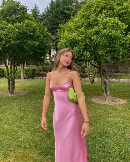 Simple A line Straps Sleeveless Party Dress Silk Satin Pink Prom Dress P844