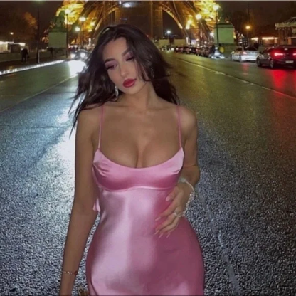 Simple A line Straps Sleeveless Party Dress Silk Satin Pink Prom Dress P844