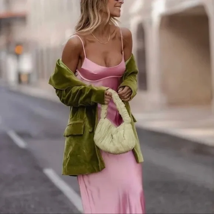 Simple A line Straps Sleeveless Party Dress Silk Satin Pink Prom Dress P844