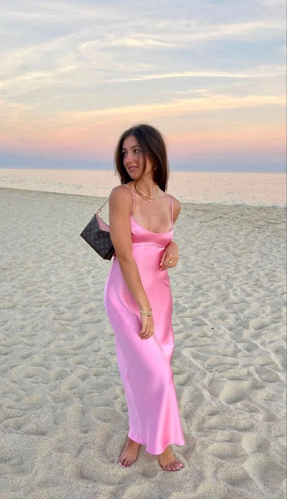 Simple A line Straps Sleeveless Party Dress Silk Satin Pink Prom Dress P845