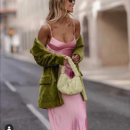 Simple A line Straps Sleeveless Party Dress Silk Satin Pink Prom Dress P845