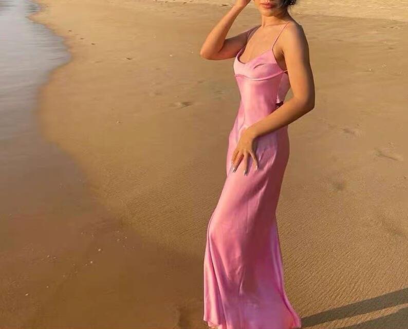 Simple A line Straps Sleeveless Party Dress Silk Satin Pink Prom Dress P845