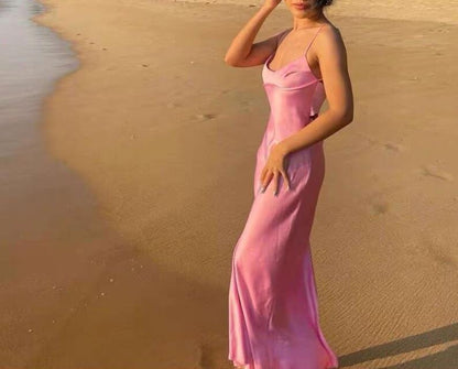 Simple A line Straps Sleeveless Party Dress Silk Satin Pink Prom Dress P845