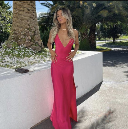 Sexy A line V neckline Sleeveless Party Dress Hot Pink Prom Dress P854