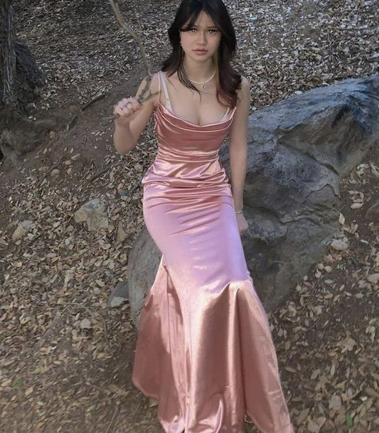 Mermaid Straps Party Dress Long Pink Prom Dress P887