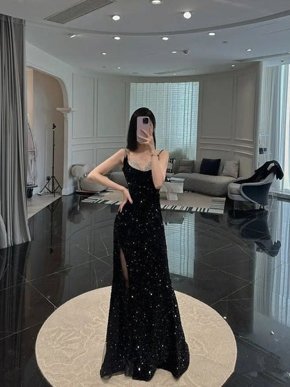 Mermaid Long Prom Dress New Sequin Sexy Black Slit Evening Dress P918
