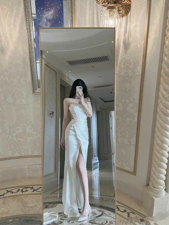 Mermaid Long Slit Prom Dress White Strapless Evening Dress P926