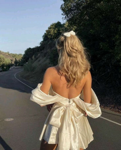 Simple A line Ivory Off The Shoulder Birthday Dresses Birthday Outfits P932