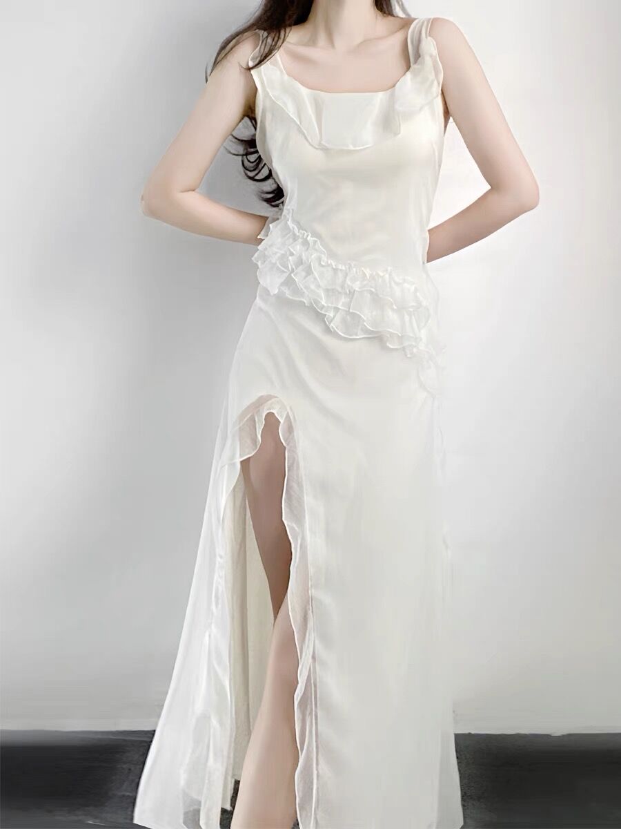 Sexy A line Long Prom Dress Slit White Evening Dress P933