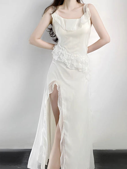 Sexy A line Long Prom Dress Slit White Evening Dress P933