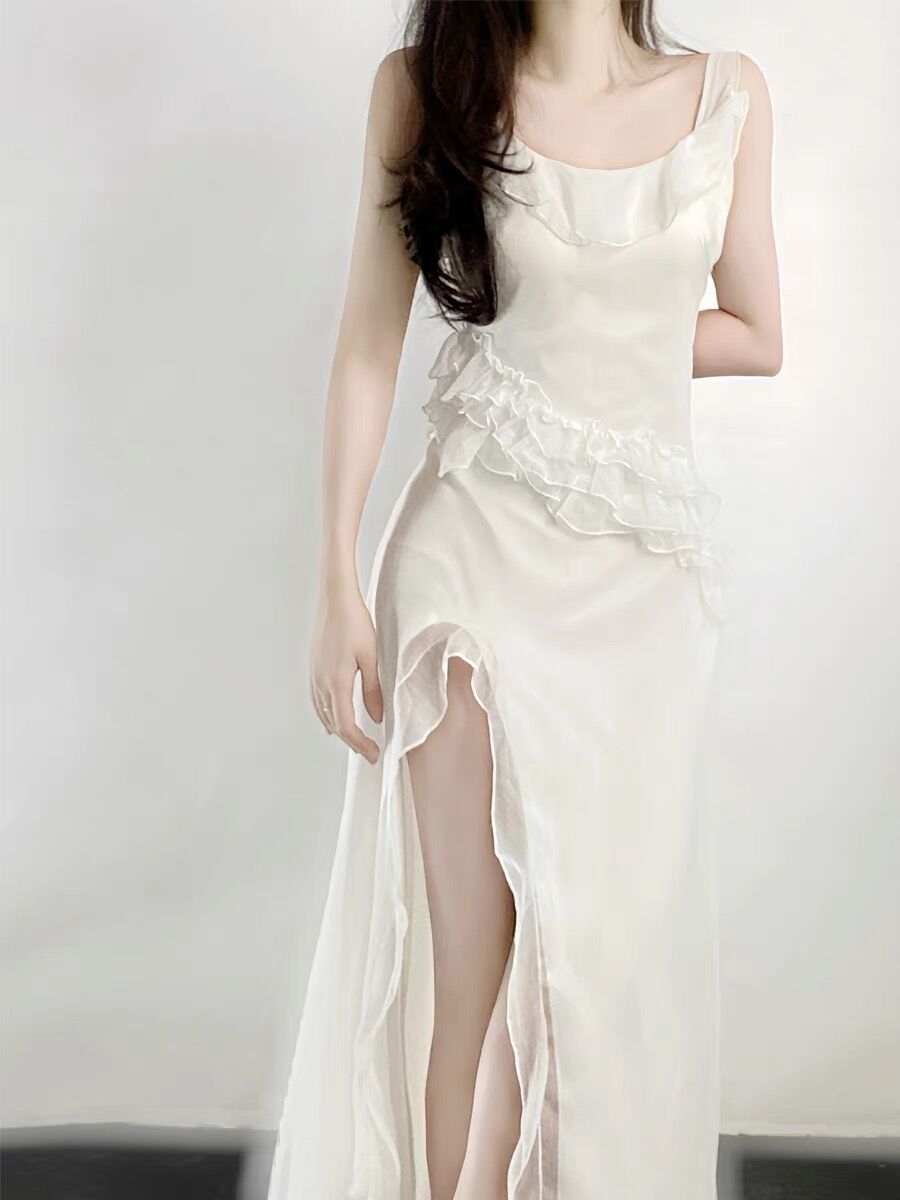 Sexy A line Long Prom Dress Slit White Evening Dress P933