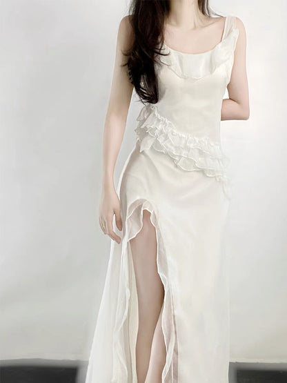 Sexy A line Long Prom Dress Slit White Evening Dress P933