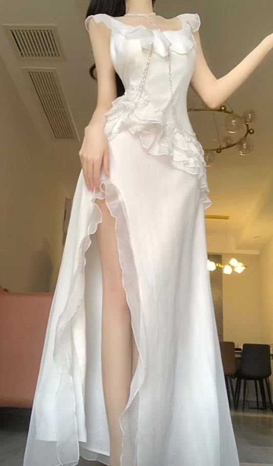 Sexy A line Long Prom Dress Slit White Evening Dress P933