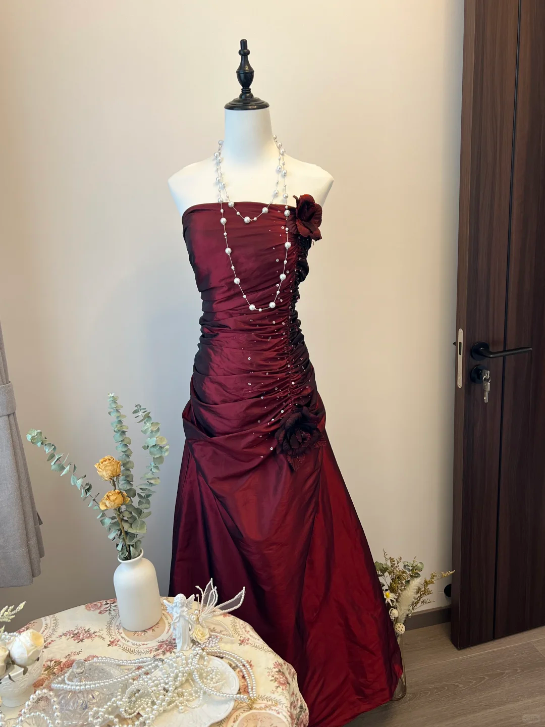 Vintage A Line Strapless Flower Pleated Burgundy Satin Long Prom Dress Party Dress SH3033