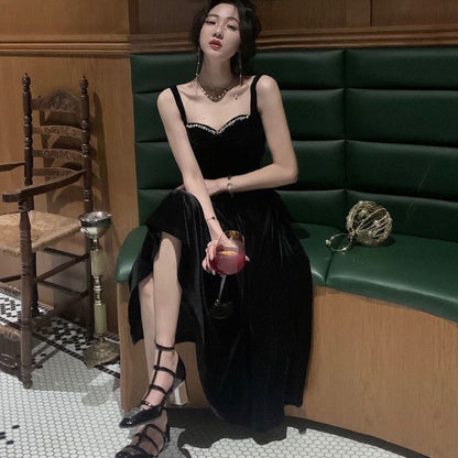 Elegant Spaghetti Strap Velvet Vintage Black Dress Women Birthday Outfits P941