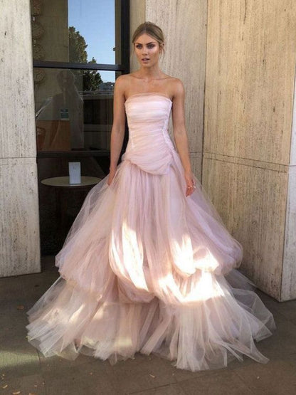 Glamorous Light pink tulle long prom dress P959