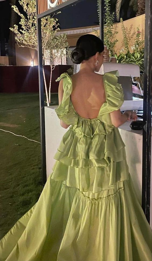 Glamorous Ball Gown Straps Backless Sage Green Long Prom Dress P962