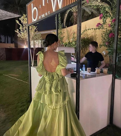 Glamorous Ball Gown Straps Backless Sage Green Long Prom Dress P962