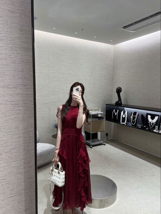 Glamorous A line Scoop Sleeveless Burgundy Long Prom Dress P963