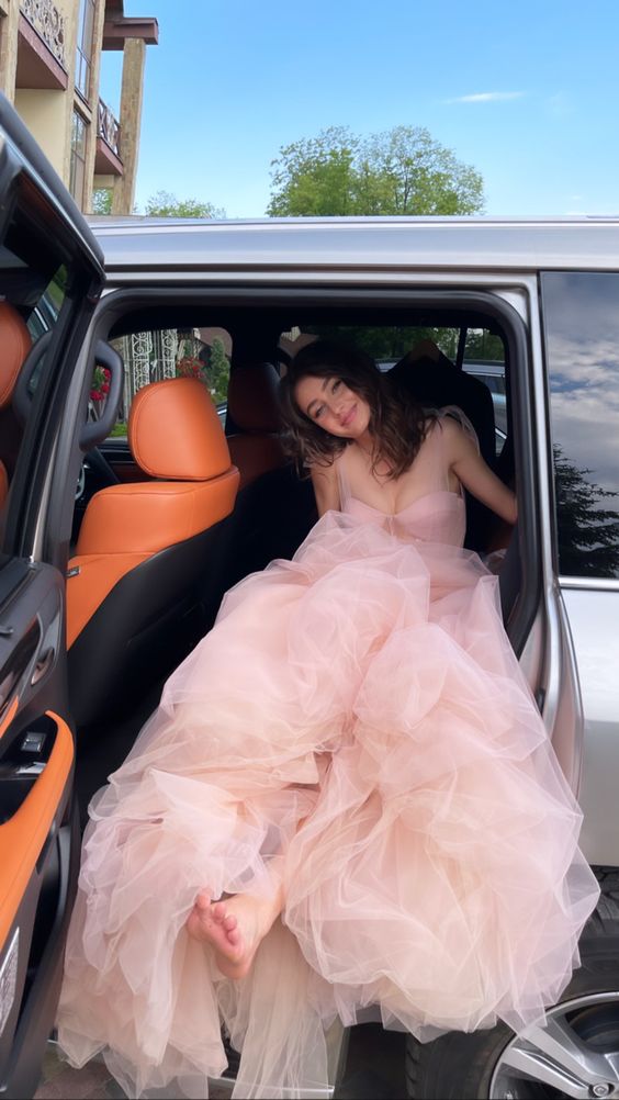 A line Straps Sleeveless Pink Tulle Prom Dress P969