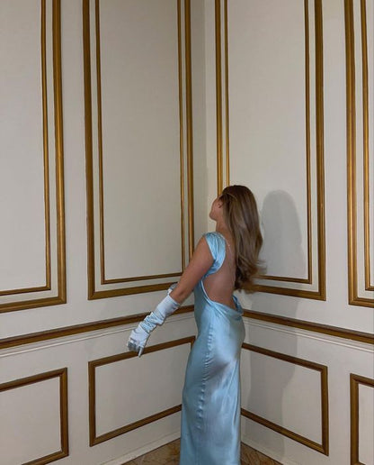 Mermaid Sleeveless Light Sky Blue Satin Prom Dress P970