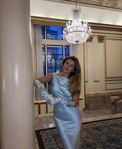 Mermaid Sleeveless Light Sky Blue Satin Prom Dress P970