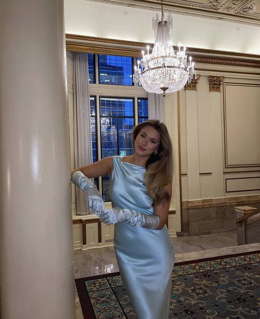 Mermaid Sleeveless Light Sky Blue Satin Prom Dress P970