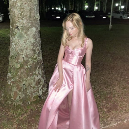 Simple A line Straps Pink Satin Long Prom Dress P973