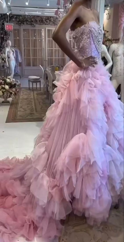 Ball Gown Strapless Pink Tulle Long Prom Dress P974