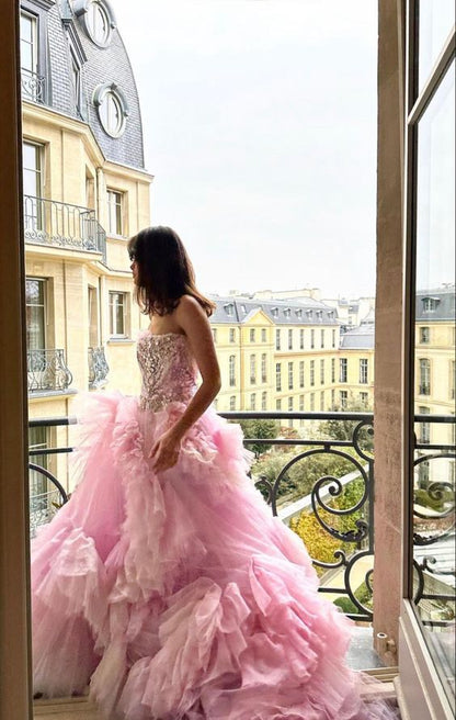 Ball Gown Strapless Pink Tulle Long Prom Dress P974