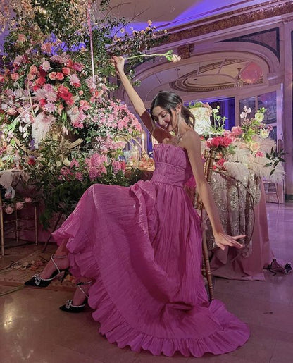 A line Spaghetti Straps Pink Tulle Long Prom Dress P975