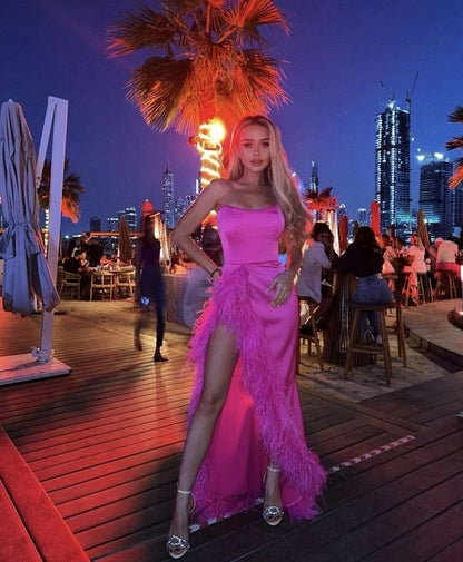 Sexy High Low Strapless Hot Pink Satin Prom Dress P980