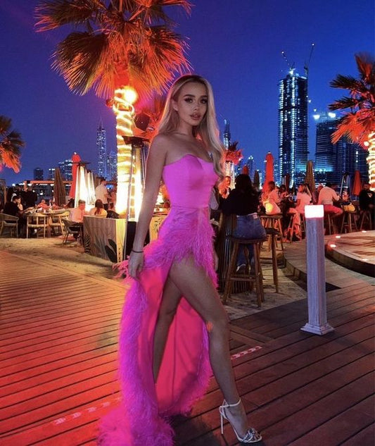 Sexy High Low Strapless Hot Pink Satin Prom Dress P980