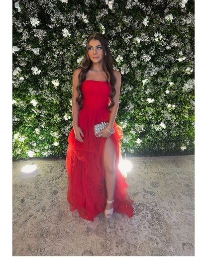 Sexy Red A-line Side Slit Maxi Long Party Prom Dresses P987