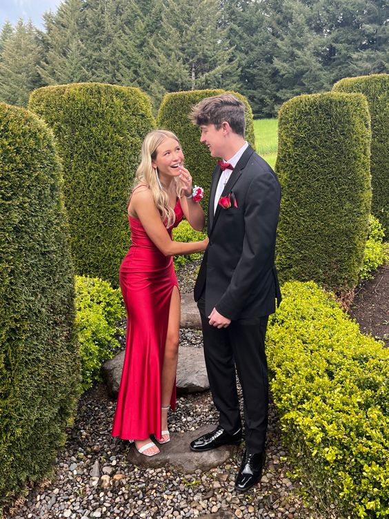 Sexy Red Mermaid Side Slit Maxi Long Party Satin Prom Dresses P988