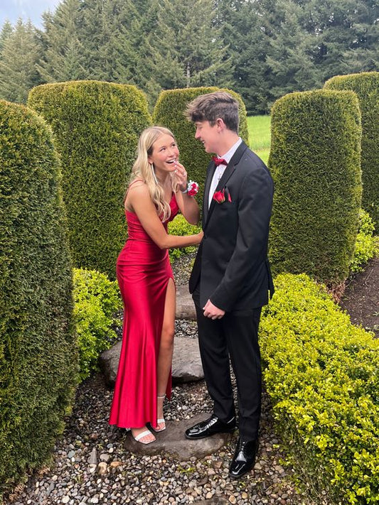 Sexy Red Mermaid Side Slit Maxi Long Party Satin Prom Dresses P988