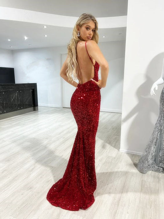Sexy Red Mermaid Sequin Backless Long Party Prom Dresses P989