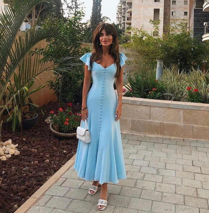 A line Sleeveless Light Sky Blue Ankle Length Prom Dress P990