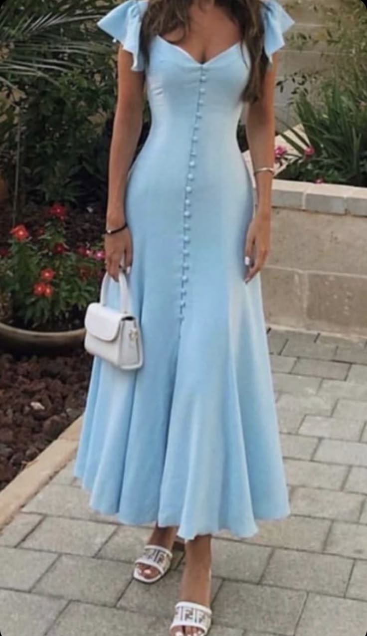 A line Sleeveless Light Sky Blue Ankle Length Prom Dress P990