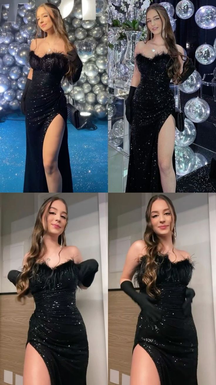 Sexy Mermaid Sequin Black Slit Long Party Prom Dresses With Feather P991