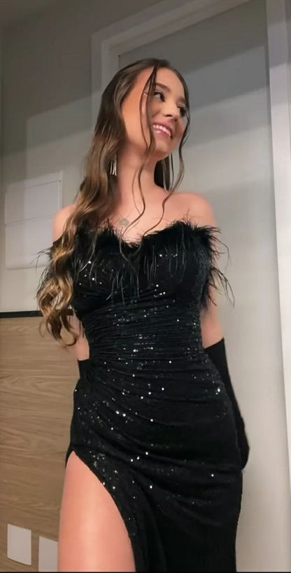 Sexy Mermaid Sequin Black Slit Long Party Prom Dresses With Feather P991