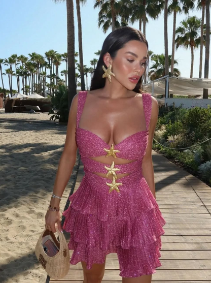 Shiny A Line Straps Tiered Hot Pink Sequin Short Homecoming Dress Outfits SH2281