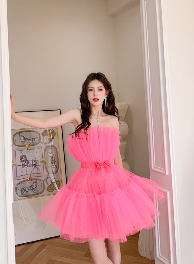 Barbie Pink A Line Strapless Tulle Short Outfit Party Dress Homecoming Dress Birthday Dress SH3528
